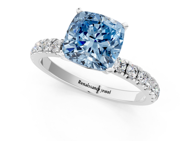 Platinum Fancy Blue Cushion Cut Diamond Solitaire Ring with Pavé Accents and Four-Prong Setting