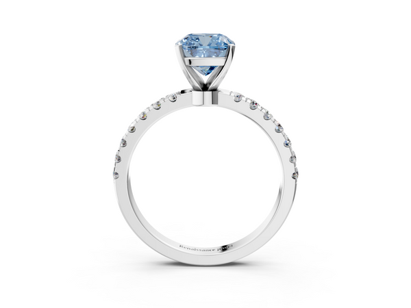 Platinum Fancy Blue Cushion Cut Diamond Solitaire Ring with Pavé Accents and Four-Prong Setting