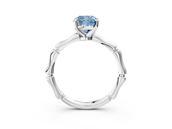 Platinum Fancy Blue Cushion  Solitaire Diamond Ring with Bamboo Band and Four-Prong Setting