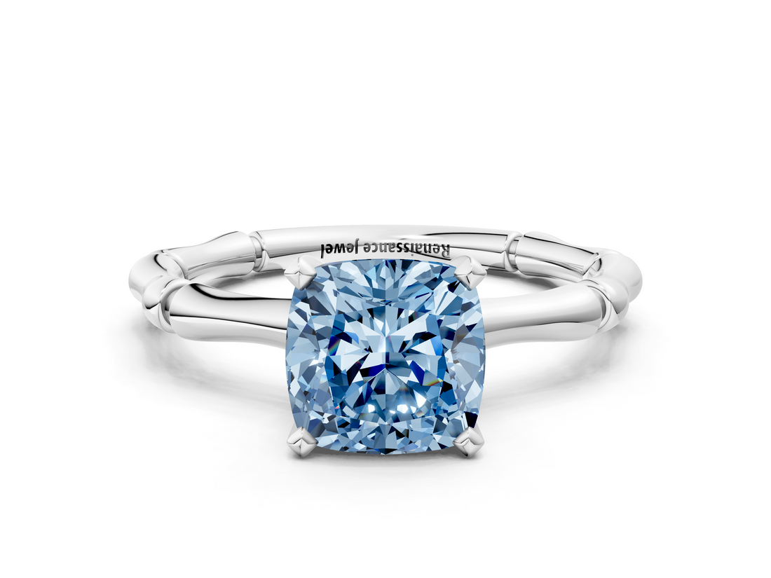 White gold Fancy Blue Cushion  Solitaire Diamond Ring with Bamboo Band and Four-Prong Setting_55