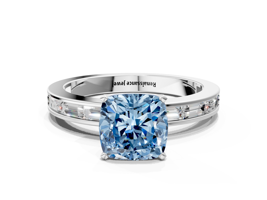 White gold Fancy Blue Cushion  Solitaire Diamond Ring with Channel-Set Baguette Band and Four-Prong Setting_65