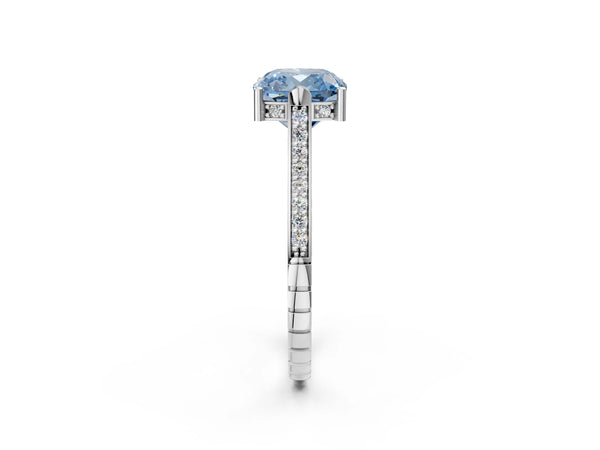 Platinum Fancy Blue Cushion  Solitaire Diamond Ring with Channel Set Band and Bezel Prong Setting