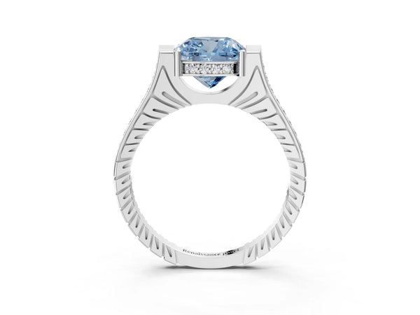 Platinum Fancy Blue Cushion  Solitaire Diamond Ring with Channel Set Band and Bezel Prong Setting