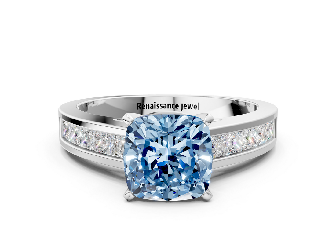 White gold Fancy Blue Cushion  Solitaire Diamond Ring with Channel-Set Band and Four-Prong Setting_3