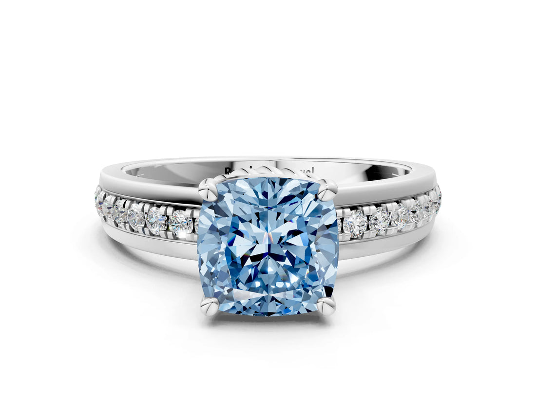 White gold Fancy Blue Cushion  Solitaire Diamond Ring with Channel Set Band and Six-Prong Setting_47