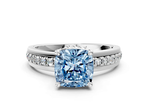 White gold Fancy Blue Cushion  Solitaire Diamond Ring with Channel Set Band and Six-Prong Setting