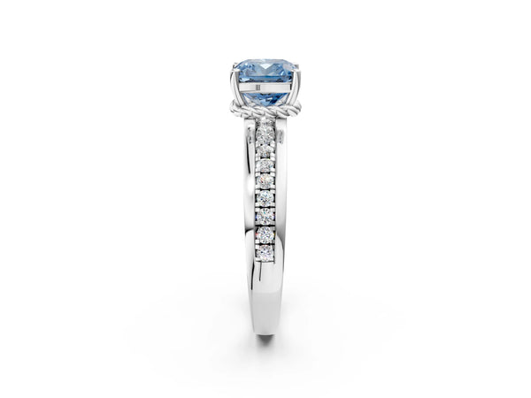White gold Fancy Blue Cushion  Solitaire Diamond Ring with Channel Set Band and Six-Prong Setting