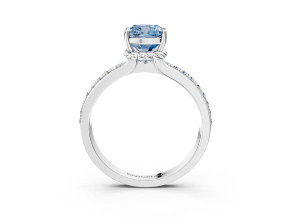 White gold Fancy Blue Cushion  Solitaire Diamond Ring with Channel Set Band and Six-Prong Setting