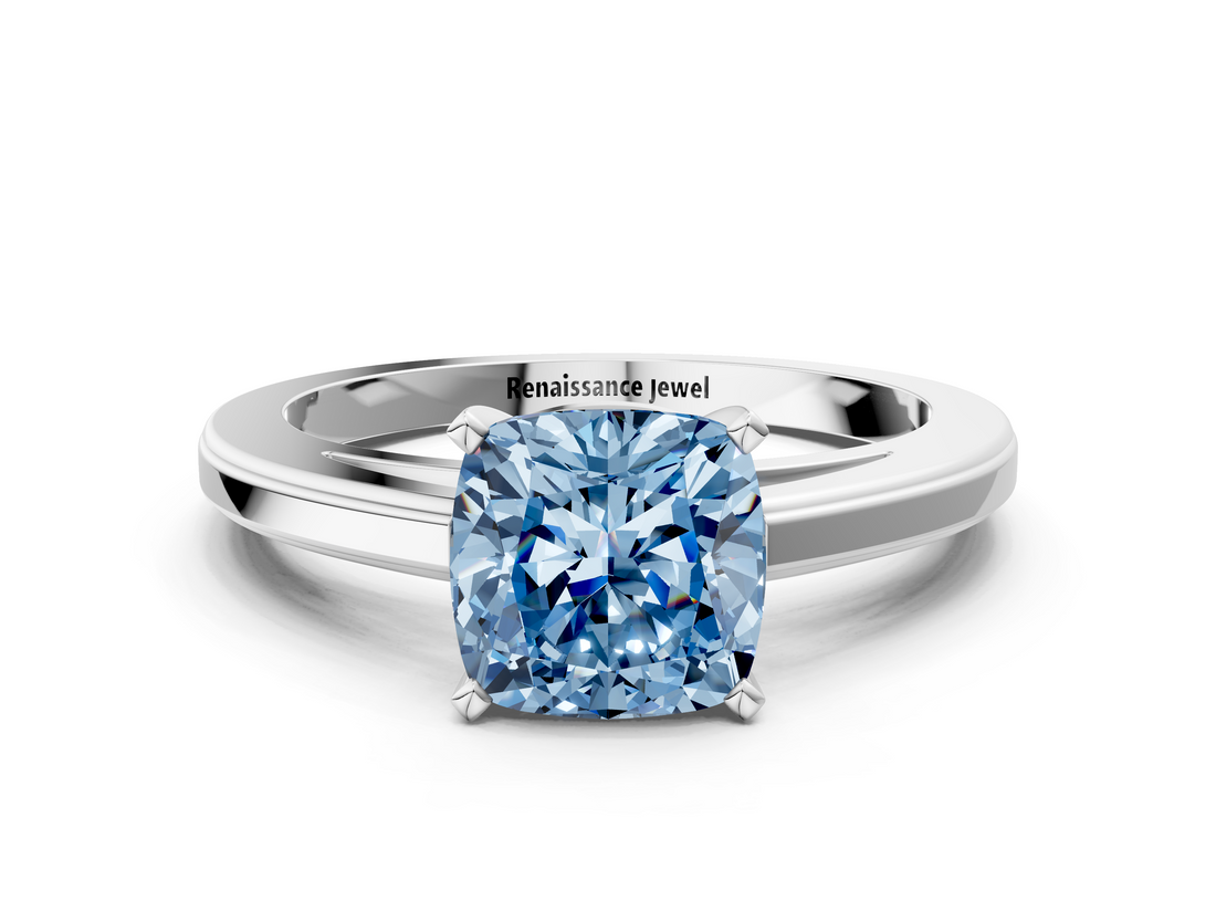 White gold Fancy Blue Cushion  Solitaire Diamond Ring with Four-Prong Setting and Classic Band_3