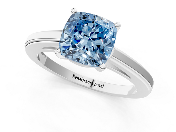 White gold Fancy Blue Cushion  Solitaire Diamond Ring with Four-Prong Setting and Classic Band