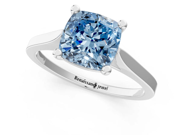 White gold Fancy Blue Cushion  Solitaire Diamond Ring with Four-Prong Setting and Tapered Band