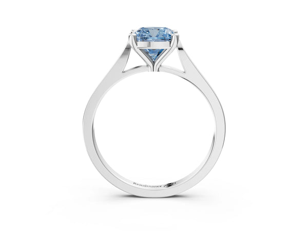 White gold Fancy Blue Cushion  Solitaire Diamond Ring with Four-Prong Setting and Tapered Band