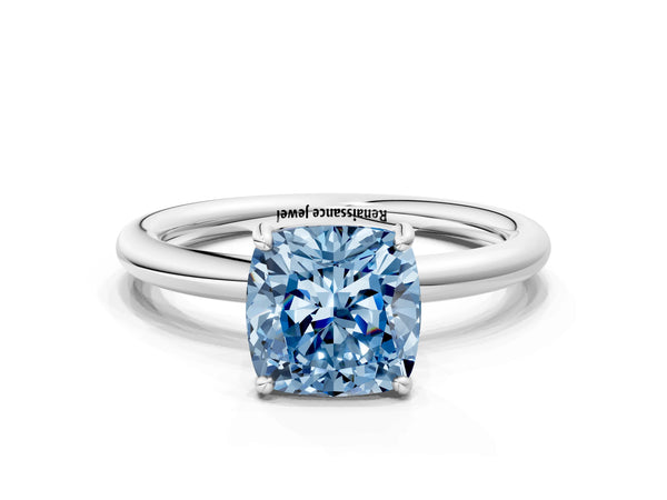Platinum Fancy Blue Cushion  Solitaire Diamond Ring with Four-Prong Setting on a Plain Band