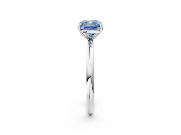 Platinum Fancy Blue Cushion  Solitaire Diamond Ring with Four-Prong Setting on a Plain Band