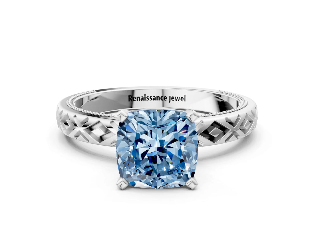 White gold Fancy Blue Cushion  Solitaire Diamond Ring with Milgrain and Black Enamel X Pattern Band_174