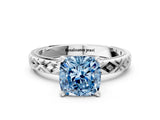 White gold Fancy Blue Cushion  Solitaire Diamond Ring with Milgrain and Black Enamel X Pattern Band_174
