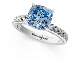 White gold Fancy Blue Cushion  Solitaire Diamond Ring with Milgrain and Black Enamel X Pattern Band_176