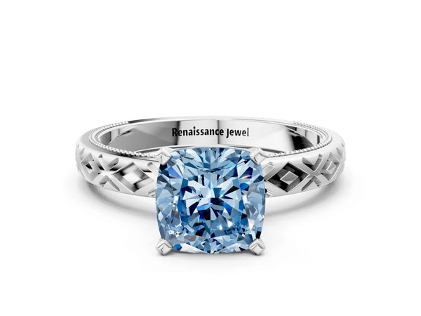 White gold Fancy Blue Cushion  Solitaire Diamond Ring with Milgrain and Black Enamel X Pattern Band