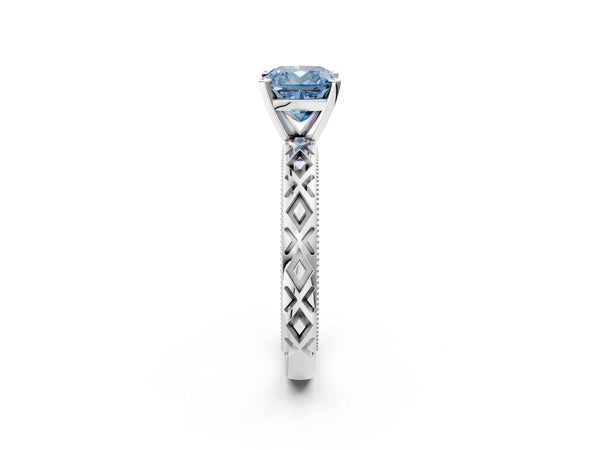 White gold Fancy Blue Cushion  Solitaire Diamond Ring with Milgrain and Black Enamel X Pattern Band