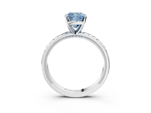 White gold Fancy Blue Cushion  Solitaire Diamond Ring with Milgrain and Black Enamel X Pattern Band