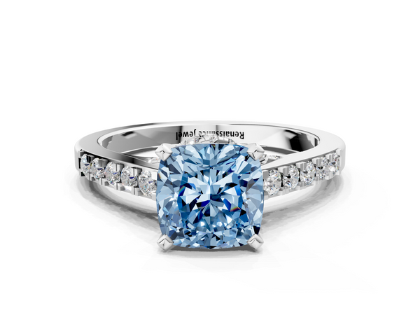 Platinum Fancy Blue Cushion  Diamond Solitaire Ring with Pavé Band and Prong Setting