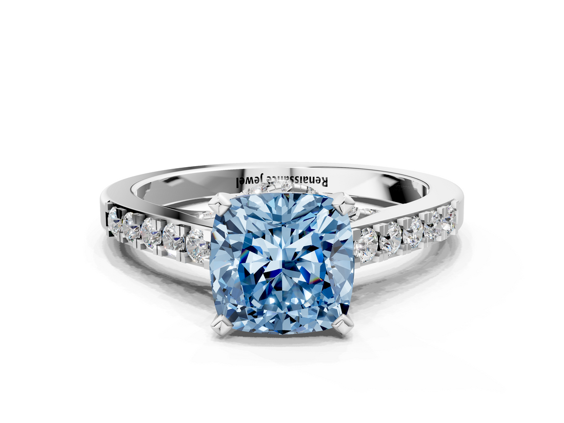 White gold Fancy Blue Cushion  Solitaire Diamond Ring with Pavé Band and Four-Prong Setting_112