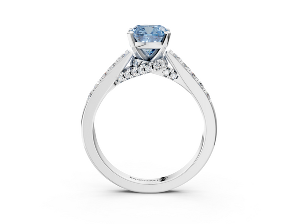 Platinum Fancy Blue Cushion  Diamond Solitaire Ring with Pavé Band and Prong Setting