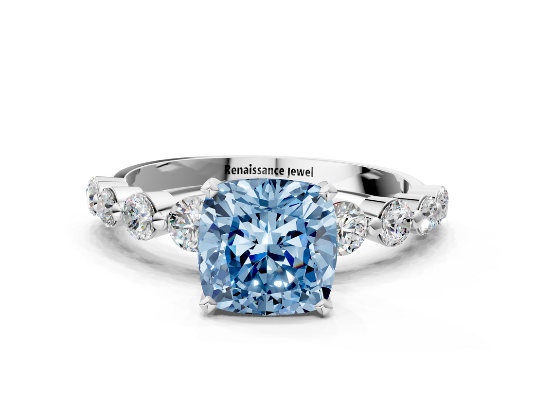 White gold Fancy Blue Cushion  Solitaire Diamond Ring with Pave Band and Four-Prong Setting_282