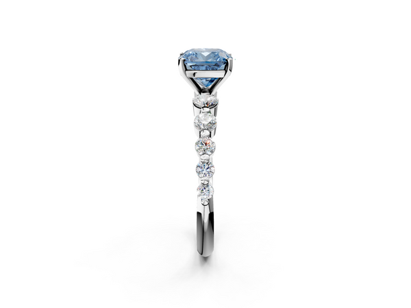White gold Fancy Blue Cushion Cut Solitaire Diamond Ring with Pave Band and Four-Prong Setting