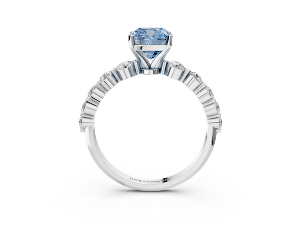 White gold Fancy Blue Cushion Cut Solitaire Diamond Ring with Pave Band and Four-Prong Setting