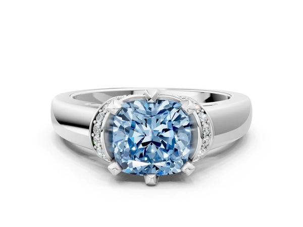 Platinum Fancy Blue Cushion  Solitaire Diamond Ring with Pave Band and Six-Prong Setting