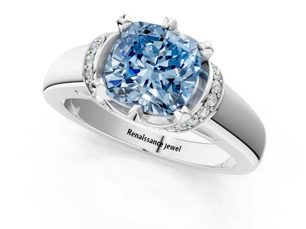 Platinum Fancy Blue Cushion  Solitaire Diamond Ring with Pave Band and Six-Prong Setting