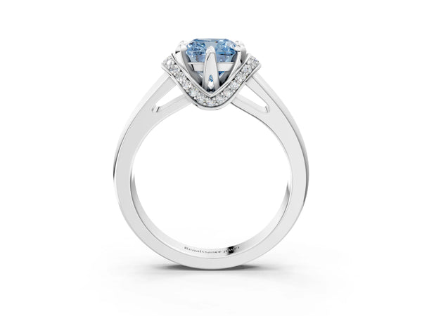 Platinum Fancy Blue Cushion  Solitaire Diamond Ring with Pave Band and Six-Prong Setting