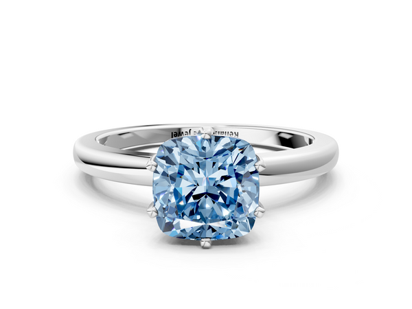 White gold Fancy Blue Cushion  Solitaire Diamond Ring with Six-Prong Setting on a Classic Band