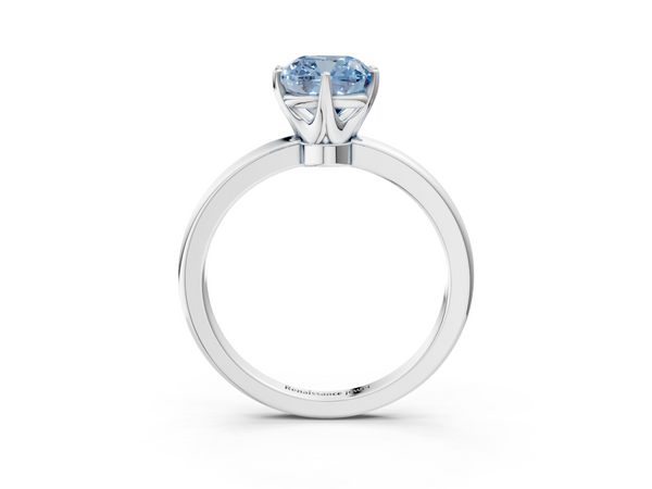 White gold Fancy Blue Cushion  Solitaire Diamond Ring with Six-Prong Setting on a Classic Band