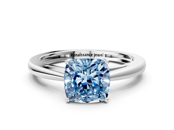 White gold Fancy Blue Cushion  Solitaire Diamond Ring with Split Shank and Four-Prong Setting