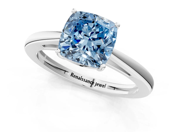White gold Fancy Blue Cushion  Solitaire Diamond Ring with Split Shank and Four-Prong Setting