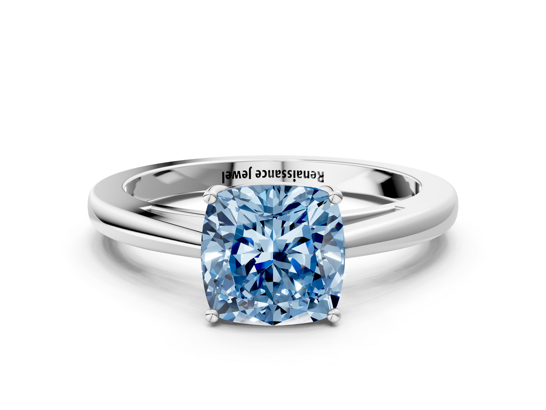 White gold Fancy Blue Cushion  Solitaire Diamond Ring with Split Shank and Four-Prong Setting_20
