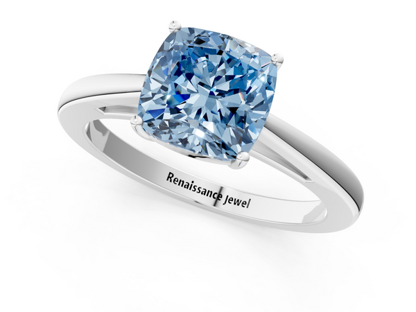 White gold Fancy Blue Cushion  Solitaire Diamond Ring with Split Shank and Four-Prong Setting