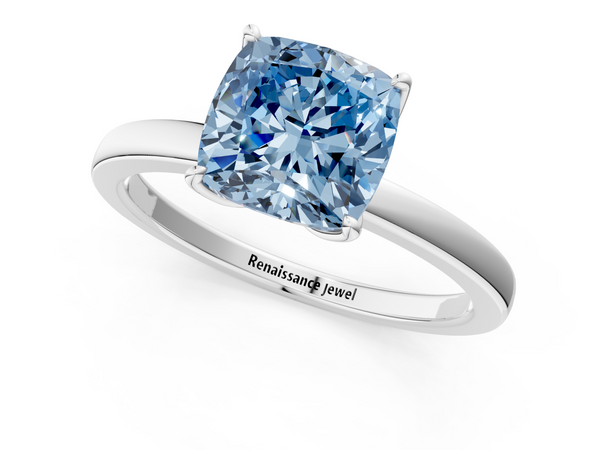 White gold Fancy Blue Cushion  Solitaire Diamond Ring with Thin Band and Four-Prong Setting