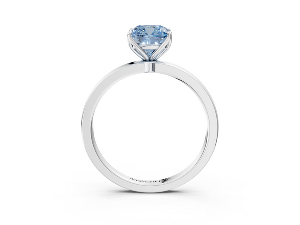 White gold Fancy Blue Cushion  Solitaire Diamond Ring with Thin Band and Four-Prong Setting