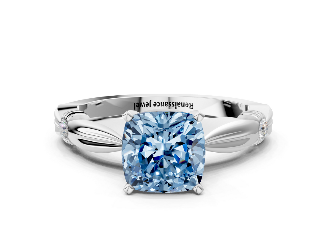 White gold Fancy Blue Cushion  Solitaire Diamond Twisted Band with Four-Prong Setting_84