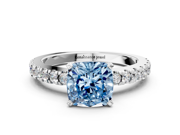 Platinum Fancy Blue Cushion  Solitaire Diamond with Pavé Band and Four-Prong Setting