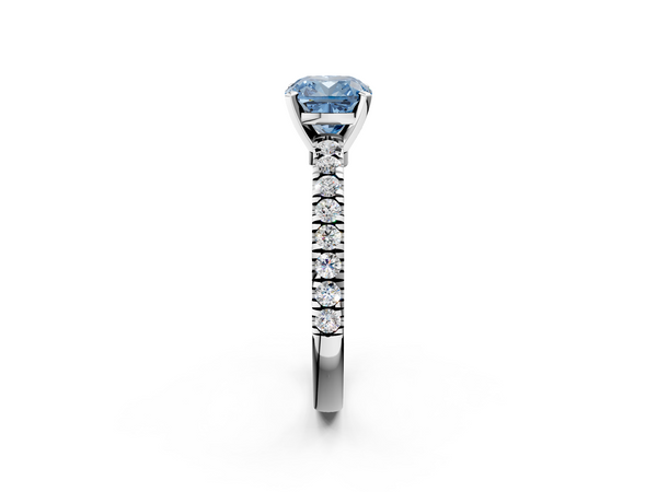 Platinum Fancy Blue Cushion  Solitaire Diamond with Pavé Band and Four-Prong Setting