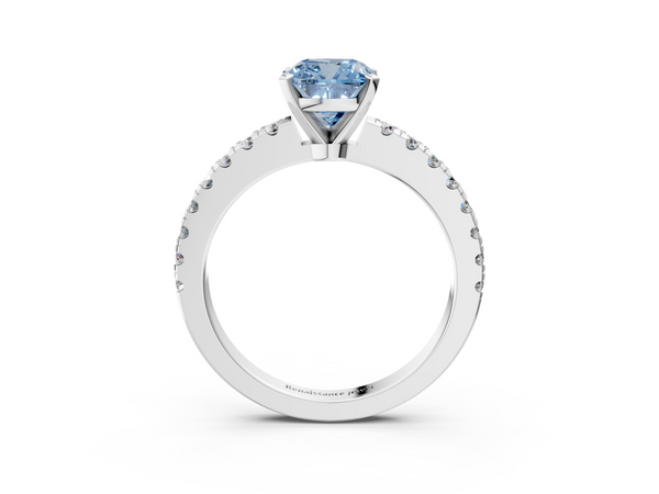 Platinum Fancy Blue Cushion  Solitaire Diamond with Pavé Band and Four-Prong Setting