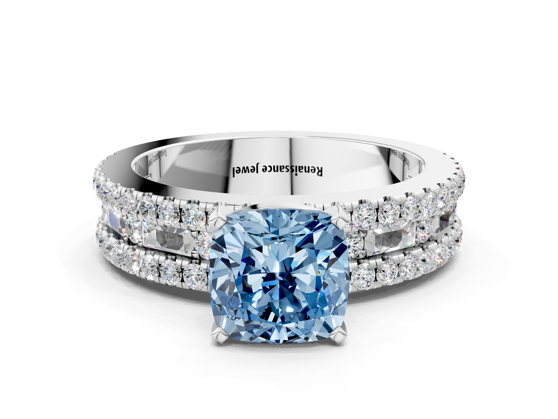 White gold Fancy Blue Cushion  Solitaire Diamond with Pave and Channel Set Band_54