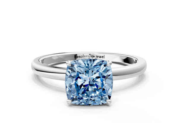 Platinum Fancy Blue Cushion  Solitaire Engagement Ring with Cathedral Band and Four-Prong Setting