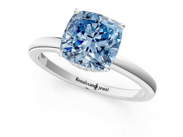 Platinum Fancy Blue Cushion  Solitaire Engagement Ring with Cathedral Band and Four-Prong Setting