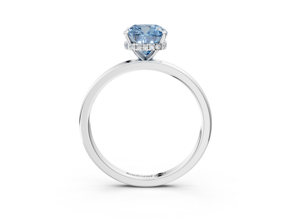 Platinum Fancy Blue Cushion  Solitaire Engagement Ring with Cathedral Band and Four-Prong Setting