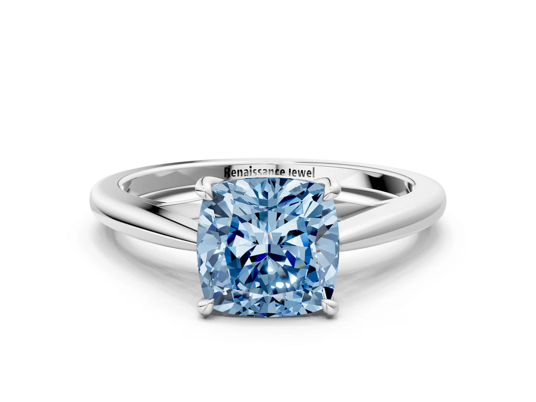 White gold Fancy Blue Cushion  Solitaire Engagement Ring with Four-Prong Setting and Classic Band 1